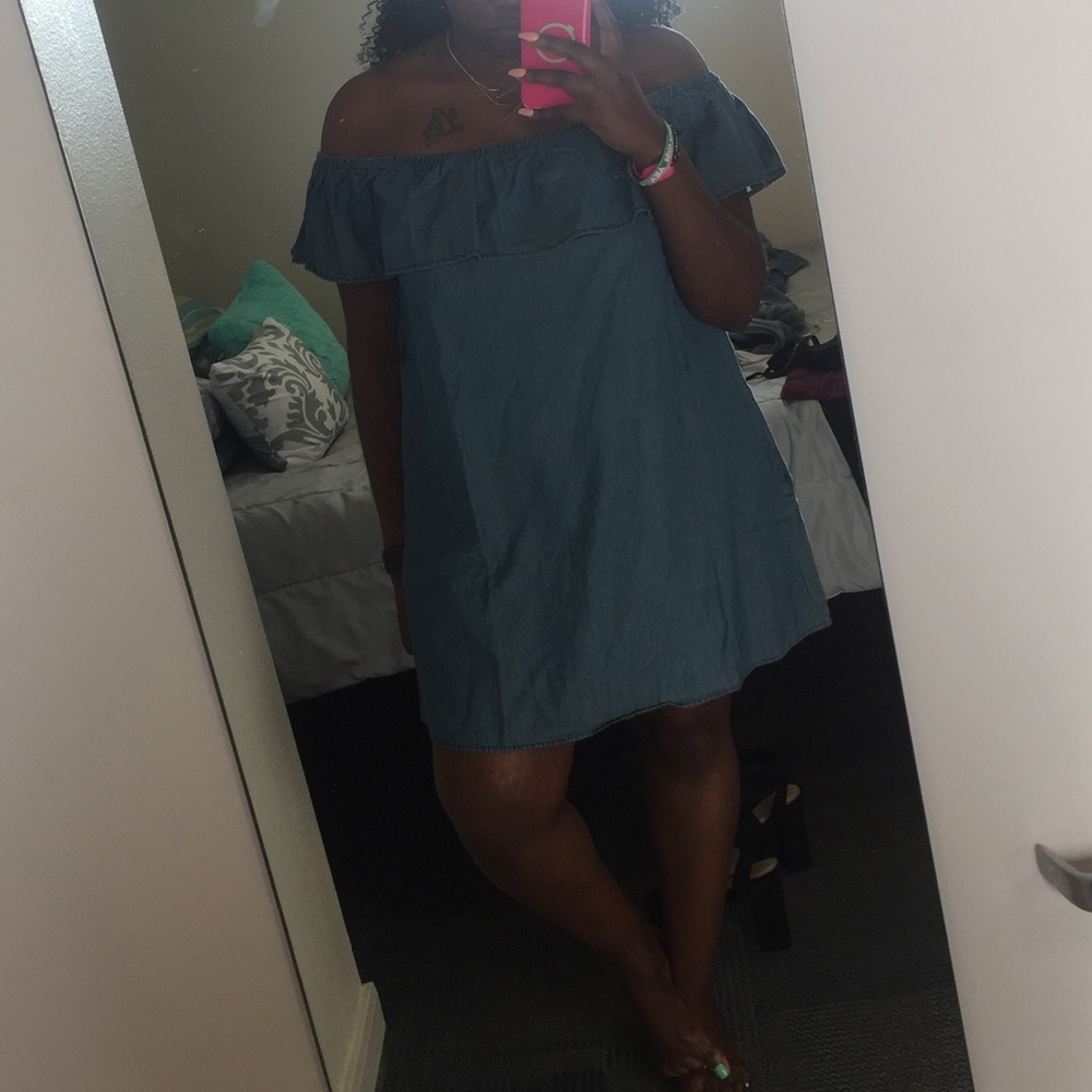 Off the shoulder blue jean dress